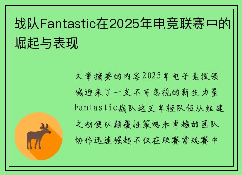战队Fantastic在2025年电竞联赛中的崛起与表现